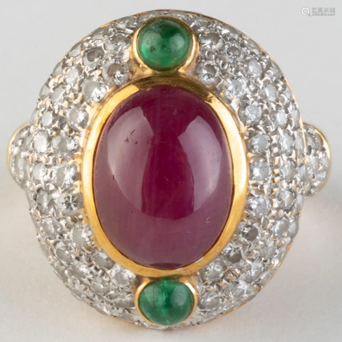 18k Gold, Platinum, Diamond, Ruby and Emerald Ring