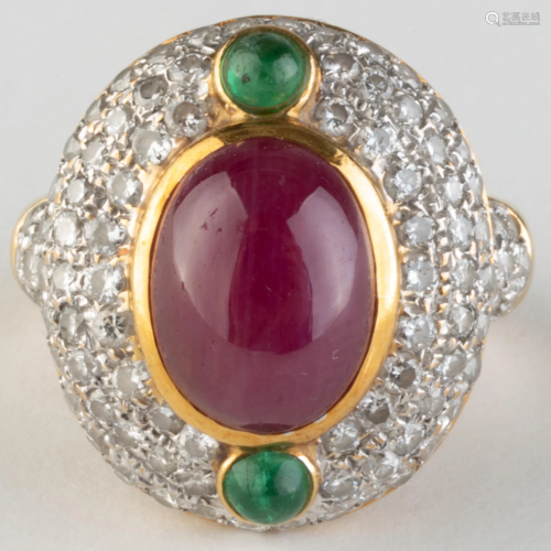 18k Gold, Platinum, Diamond, Ruby and Emerald Ring