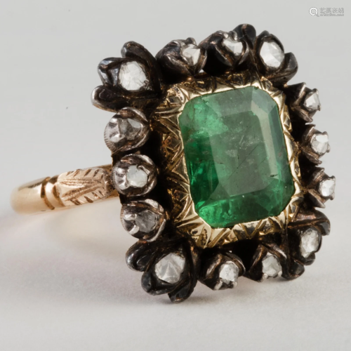 Emerald and Diamond, 14k Gold and Silver Ring