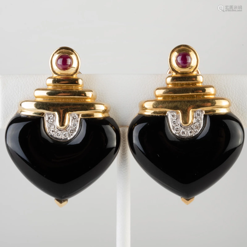 Pair of 18k Gold, Onyx, Diamond and Ruby Earrings