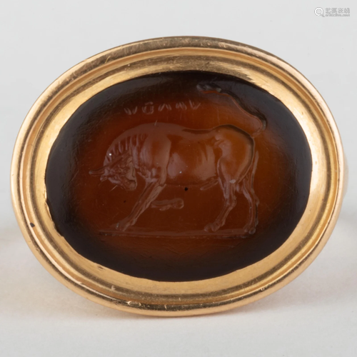 Ancient Roman Carnelian Agate Intaglio of a Bull Ring