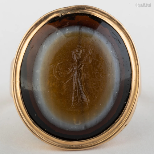 Ancient Roman Glass Intaglio of Cupid Set in a Gold