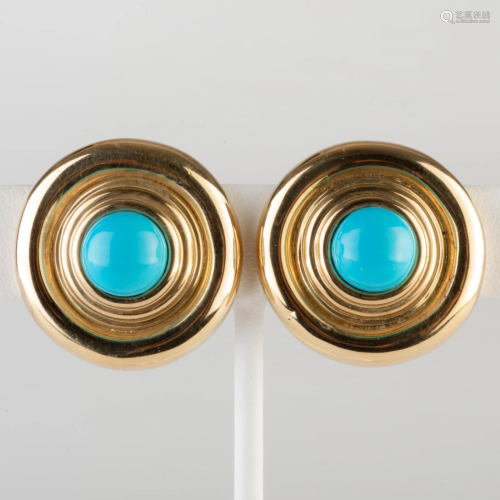 Pair of Vintage 18k Gold and Turquoise Earclips