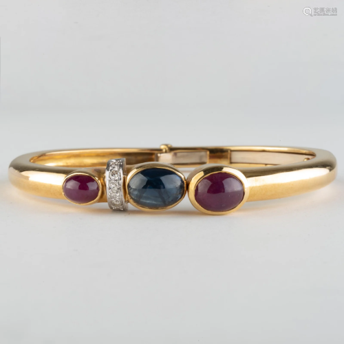 14k Gold, Ruby and Sapphire Hinged Cuff Bracelet