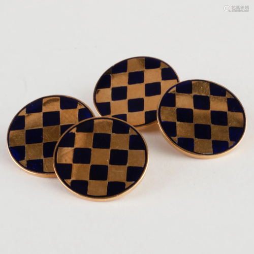 Pair of 14k Gold and Blue Enamel Cufflinks