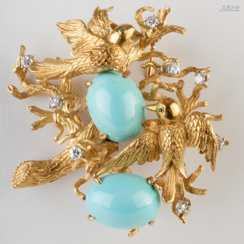 18k Gold, Diamond and Turquoise Brooch