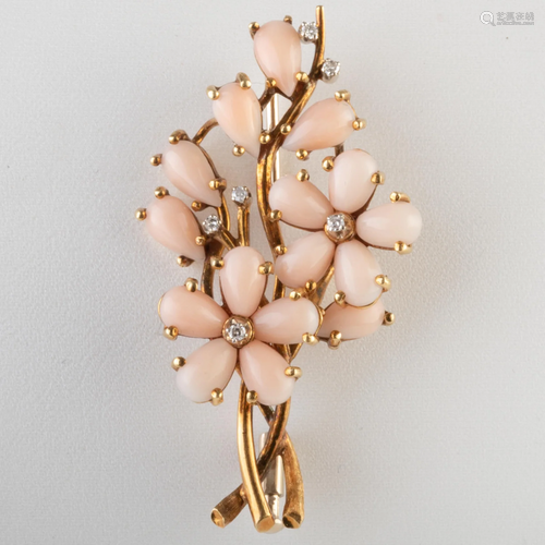 Italian 18k Gold, Angelskin Coral and Diamond Brooch