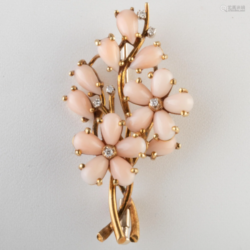 Italian 18k Gold, Angelskin Coral and Diamond Brooch