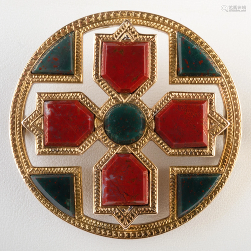 Victorian Scottish 14k Gold, Sard and Bloodstone Brooch