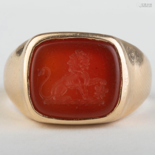 Carnelian Agate Intaglio of a Lion Set in a Gold Ring