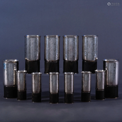 Set of Six Modern Swedish Wood Mounted Silver Tumblers