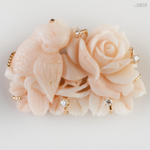 Coral and Diamond Floral Brooch