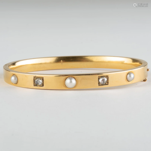 14k Gold, Diamond, and Pearl Hinged Bangle Bracelet