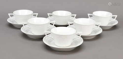 Six soup cups with saucers, KP