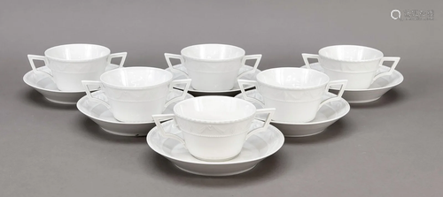 Six soup cups with saucers, KP