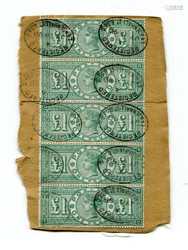 A Great Britain vertical strip of five £1 green tied to piec...