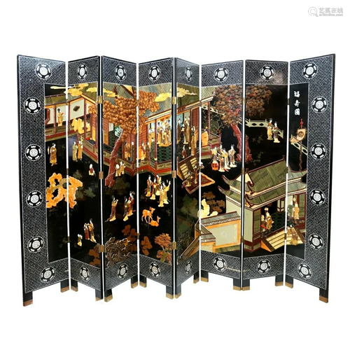 Chinese Black Lacquered 8 Panel Screen