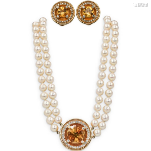 14k Gold, Citrine, Pearl and Diamond Jewelry Suite