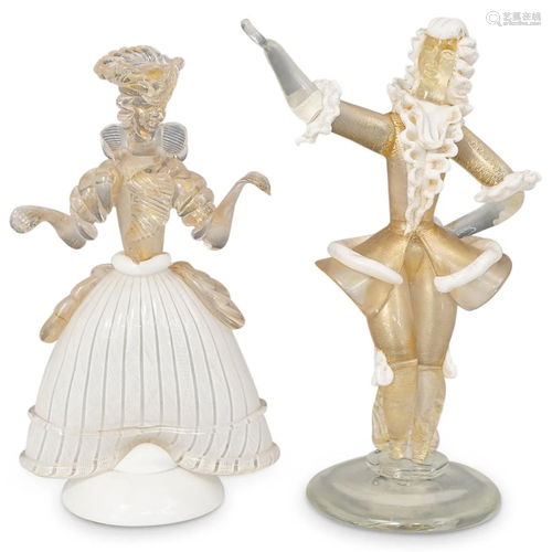 (2 Pc) Murano Glass Clear & Gold Venetian Figurines