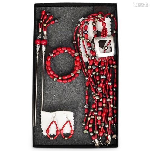Chinese Red Coral, Pearl and Silver Jewelry Suite