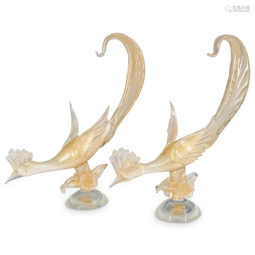 (2 Pc) Murano Art Glass Pheasant Bird Figurines