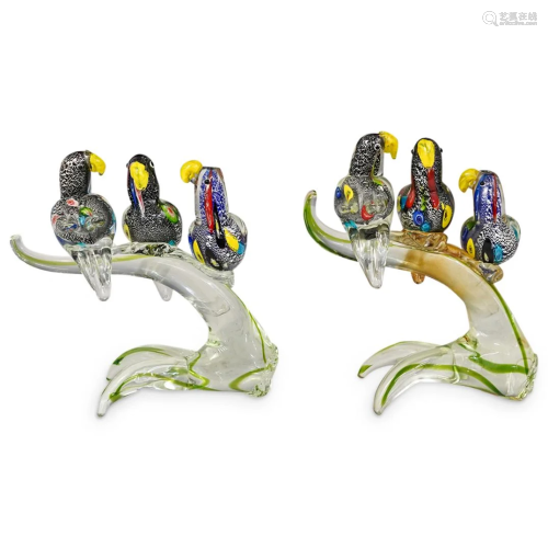 (2 Pc) Murano Art Glass Three Parrots Figurine