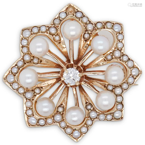 14k Gold Pearl, and Diamond Star Pin