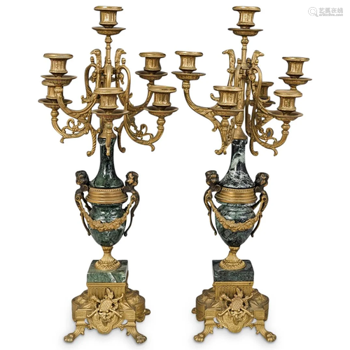 (2 Pc) Italian Bronze & Green Marble Candelabras