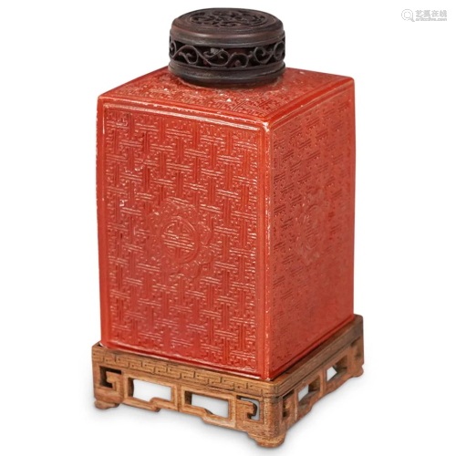 Chinese Red Ceramic Tea Caddy