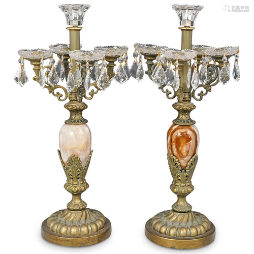 (2 Pc) Bronze, Alabaster & Crystals Candelabras