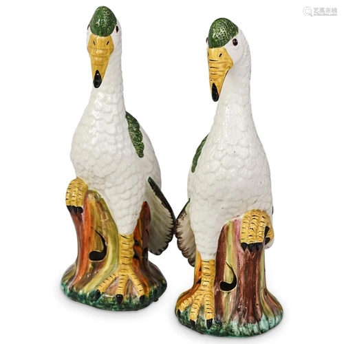 (2 Pc) Meiselman Signed Crane Birds Majolica Figurines