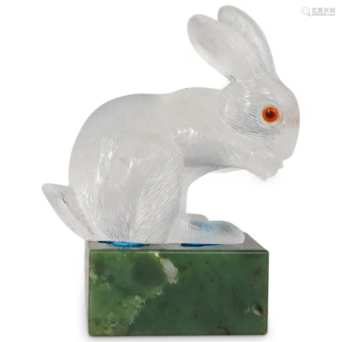 Faberge Style Rock Crystal Rabbit Atop Nephrite Jade