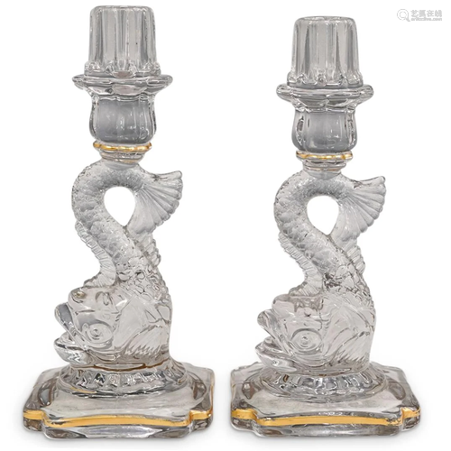 French Dolphin Clear Art Glass Gilt Candlesticks