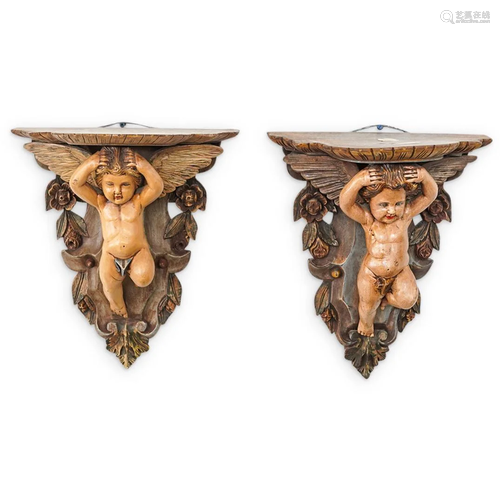 Antique Wood Gold Cherub Wall Sconces