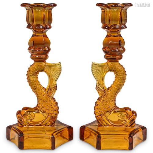 French Dolphin Amber Art Glass Candlesticks