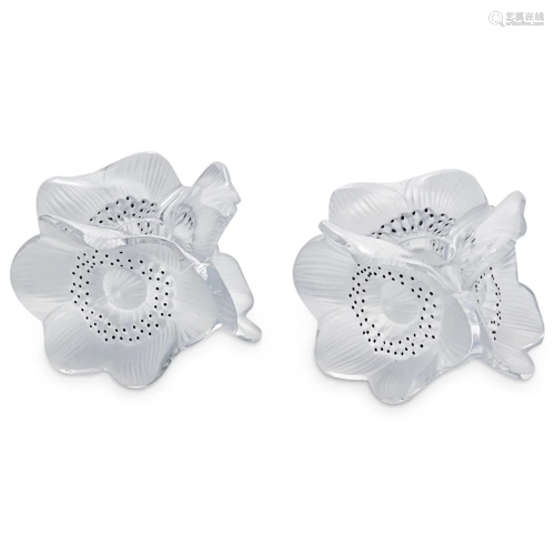 Pair of Lalique Anemone Crystal Candle Holders