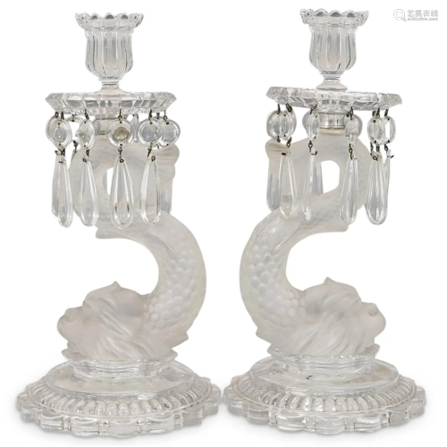 Pair Baccarat Dolphin Glass Candle Holders