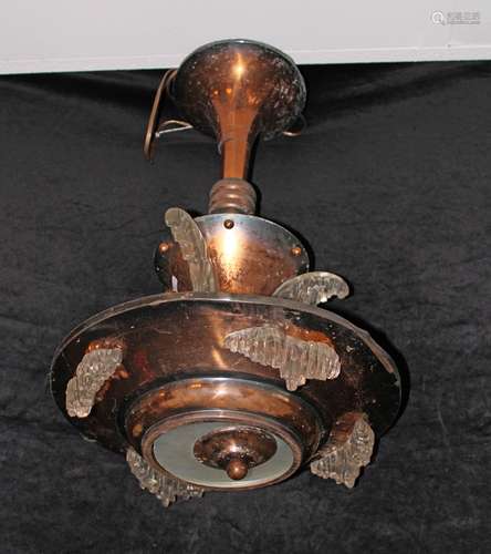 Deckenlampe, Frankreich, 1930er Jahre, Art Deco, Kupfer, Gla...