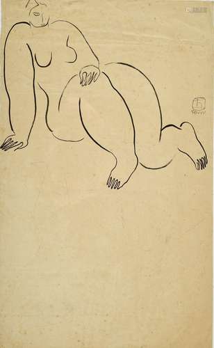 Sanyu. Femme nue assise. Encre sur papier, signé en haut à d...