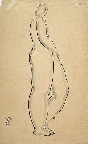 Sanyu. Femme nue debout de profil. Encre sur papier. Signé e...