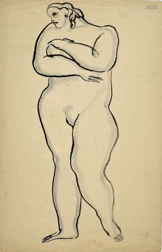 Sanyu. Femme nue debout bras croisés. Encre sur papier Ingre...