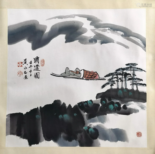 CHINESE SCROLL PAINTING OF MAN IN BOAT SIGNED BY HUANG