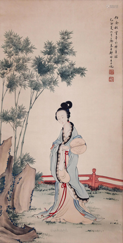 CHINESE SCROLL PAINTING OF BEAUTY IN GARDEN SIGNED BY