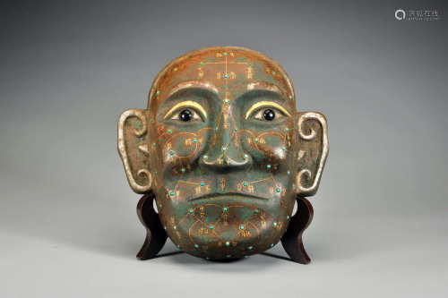 CHINESE SILVER GOLD INLAID BRONZE MASK