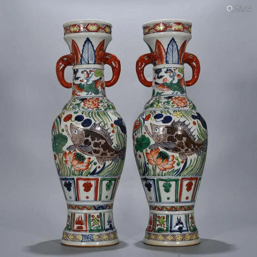 PAIR OF LARGE CHINESE PORCELAIN WUCAI FISH AND WEED