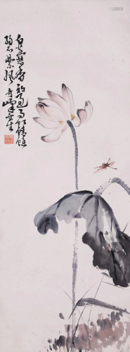 CHINESE SCROLL PAINTING OF DRAGONFLY AND LOTUS SIGNED