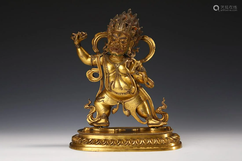 TIBETAN GILT BRONZE STANDING BUDDHIST GUARDIAN