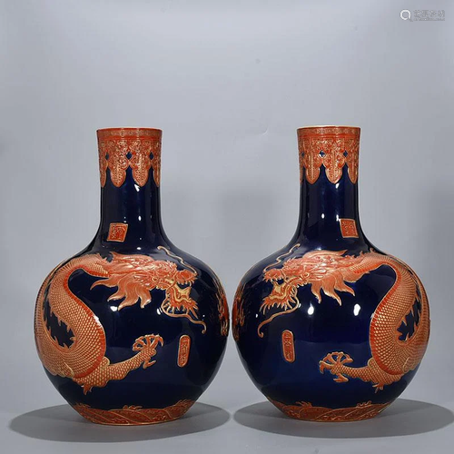 PAIR OF LARGE CHINESE PORCELAIN IRON RED DRAGON TIA…