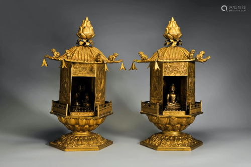 PAIR OF CHINESE GILT BRONZE SEATED BUDDHA IN PAVILLI…