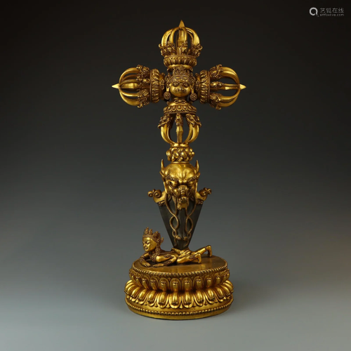 TIBETAN GILT BRONZE BUDDHIST VAJRA PESTLE